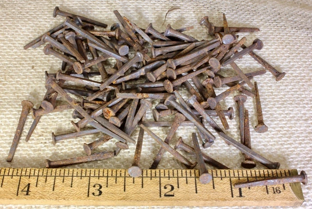 1” OLD Square NAILS 100 REAL 1850’s vintage rusty patina 3/16” medium head BRADS