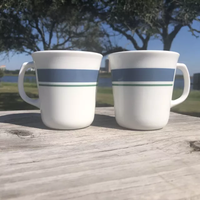 Set Of 2 VTG Jennie Corning Coffee Cup Mug w/ Thick Blue Band & Thin Green Band