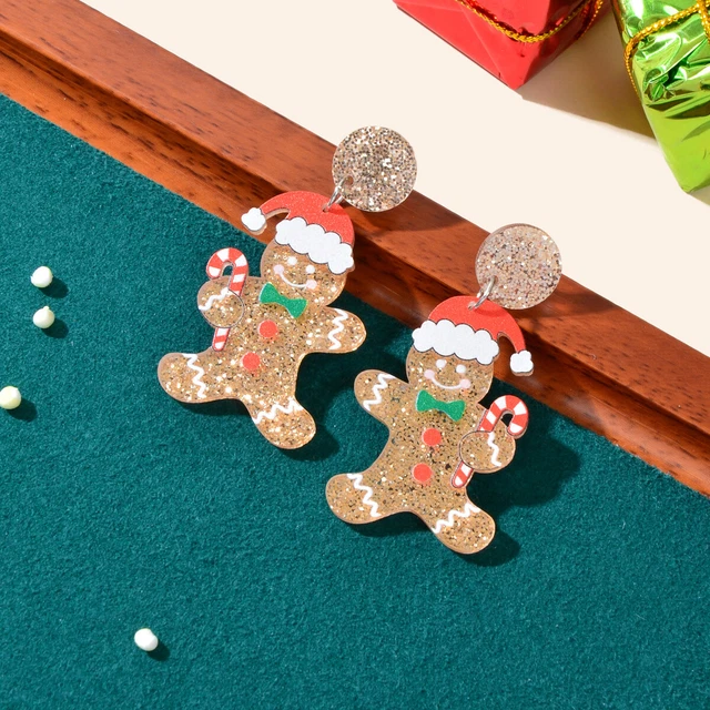 Christmas Gift Sparkling Acrylic Gingerbread Man with Candy Cane Dangle Earrings