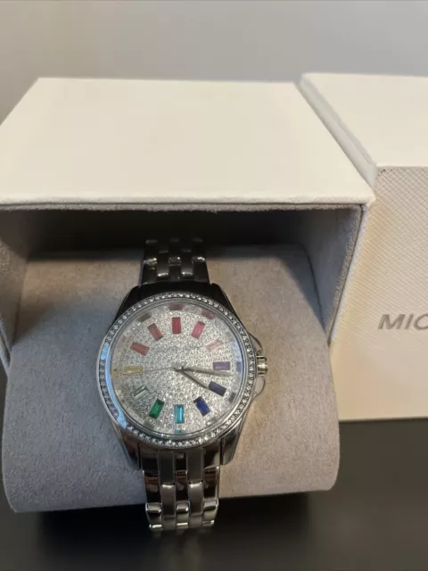 Michael Kors Mini Pilot Rainbow Baguette Watch, Pave Crystal Dial, Silver Steel