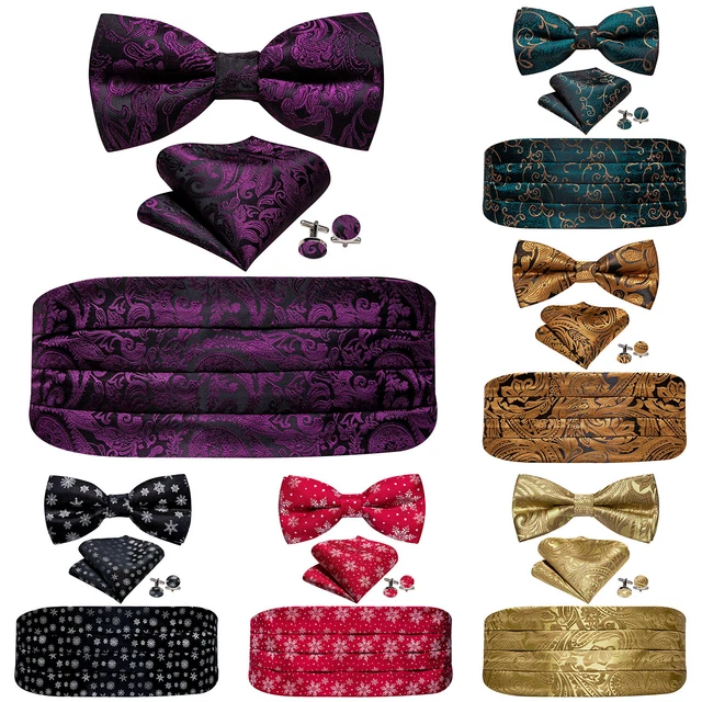 Mens Pre-Tied Bow Tie Cummerbund Set Paisley Floral Free Pocket Square Cufflinks