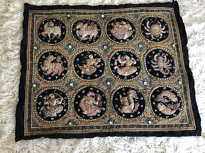 Vintage THAI KALAGA TAPESTRY: Astrological Zodiac Horoscope Hand Embroidered