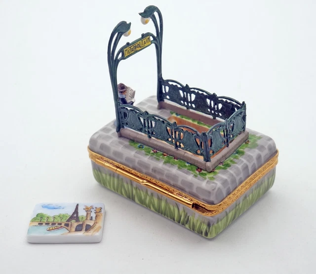 New French Limoges Trinket Box Man &Newspaper at Paris Metro Art Nouveau Station 4