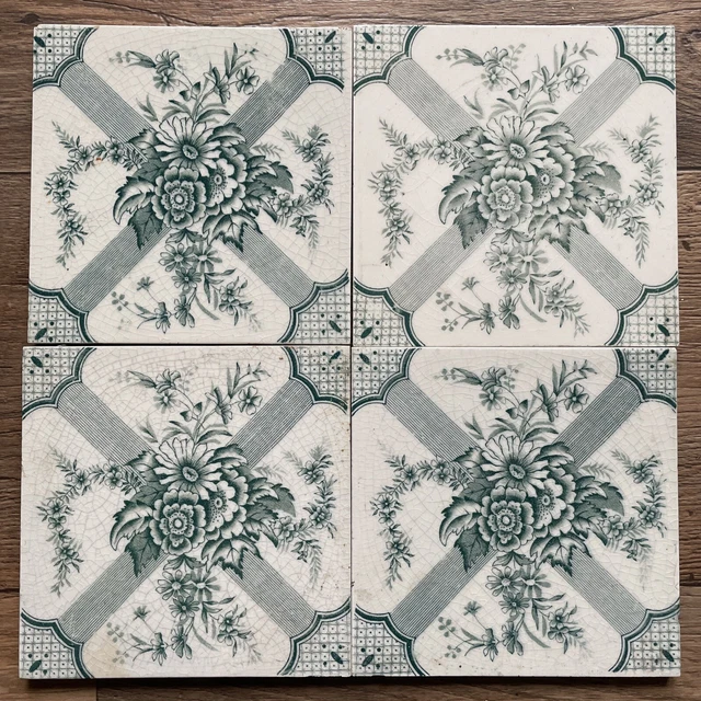 set of 4  Six Inch Square Victorian Floral Tiles C1900 reclaimed