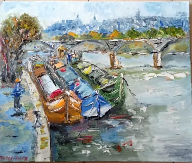 Paris Le Pont Des Arts Les Peniches Tableau  Peinture Signe Jumeaux Jean Pierre