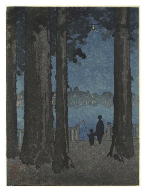 WB Shoda Koho Japanese Woodblock Prints Antique Ueno Tokyo Park Tree Lake night