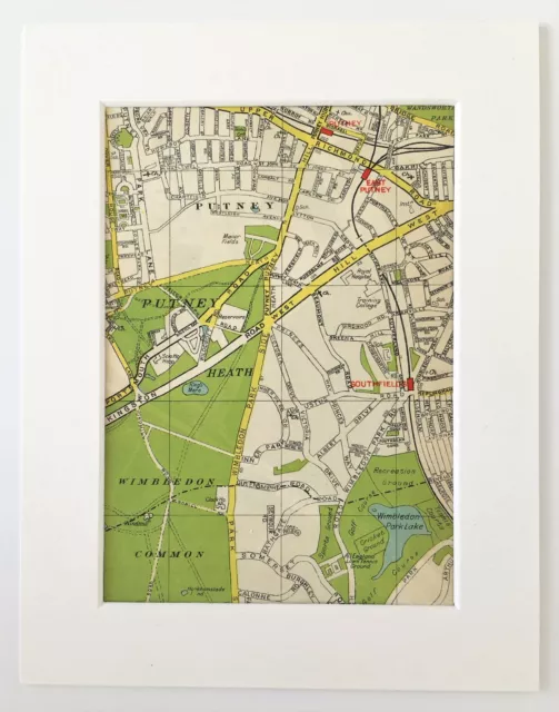 Antique 1940s London Map - Mounted - Colour - PUTNEY, WIMBLEDON