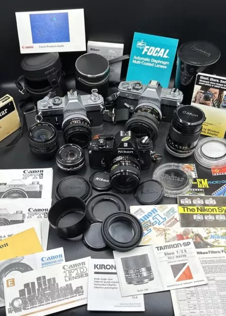 Vintage Camera lot 2 Canon FTb QL 1 Nikon EM Cameras Lenses Untested Sold As Is