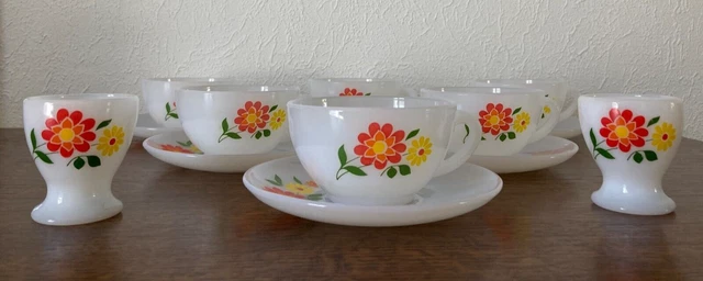 Lot De 6 Tasses Vintage Arcopal Français - Décor Fleurs Orange, Occasion