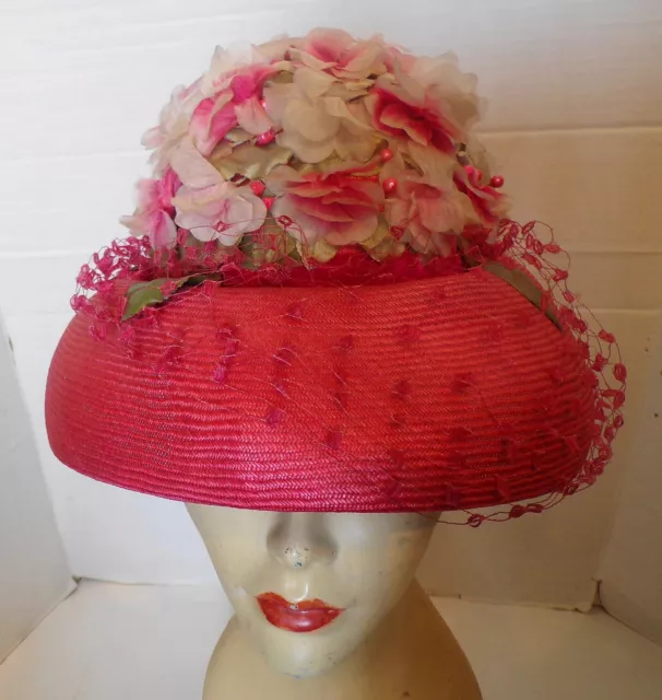 VINTAGE 60S PINK Woven Straw Floral Crown Hat Gwenn Pennington Veil $24 ...