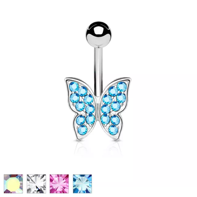 CZ Paved Butterfly Surgical Steel CZ Navel Belly Button Ring