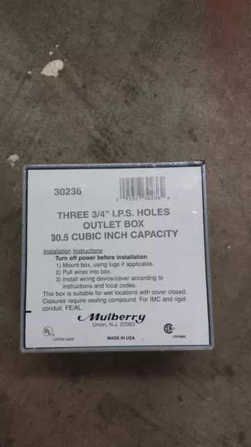 Mulberry 30236 Outlet Box 30.5 Cubic Inch Cap Three 3/4" I.p.s Holes  W251