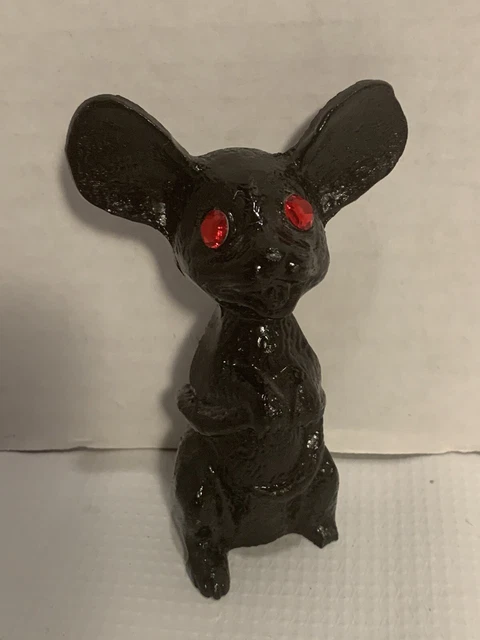 Vintage Handcrafted Coal Mouse Figure With Red Rhinestone Eyes 4”