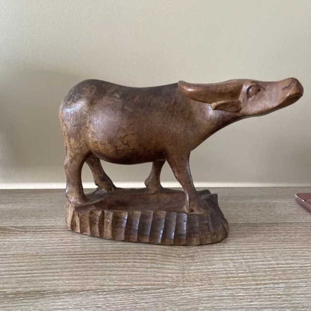 Vintage Wood Ox Statue Figurine Ashtray Folk Art Home Office Decor