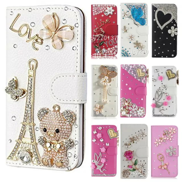 Nice Flip Bling Wallet Stand Case Crystal PU Leather Cover For Alcatel & straps