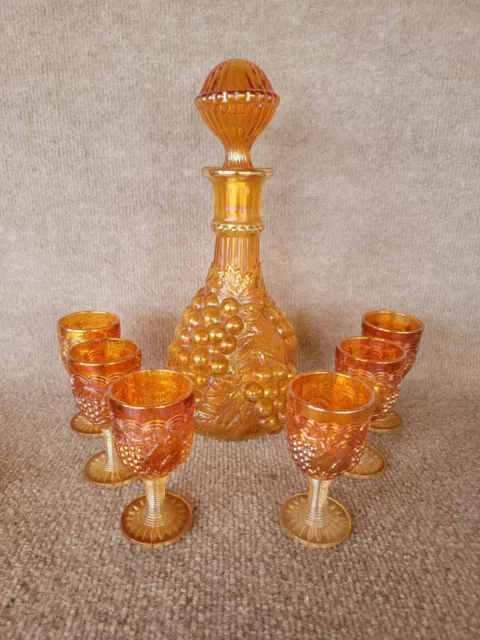 Imperial Marigold Carnival Glass Harvest Grape Decanter, 6 Goblets & Large Bowl