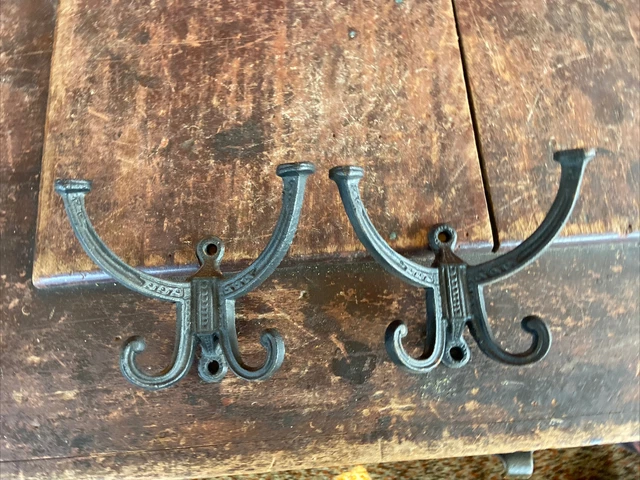 Antique Pair Cast Iron Arts & Crafts DOUBLE Wall HOOKS, Coat, Hat Rack Bracket