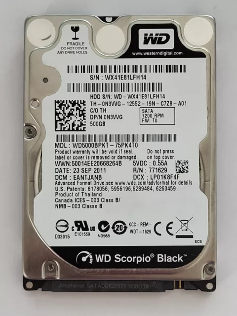 WD5000BPKT-75PK4T0, DCM: EANTJANB, SEP 2011, Western Digital 500Gb 2.5" Sata HDD