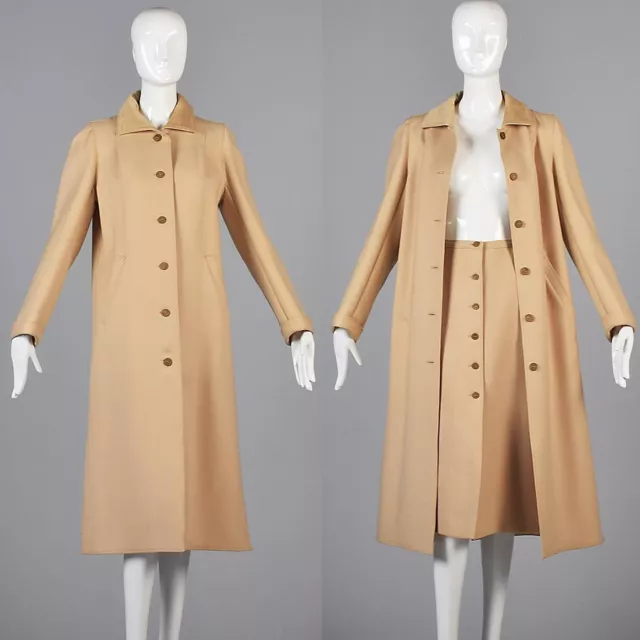 M Vintage 1970s 70s Courreges Winter Coat Skirt Suit Set Outfit Separates Camel