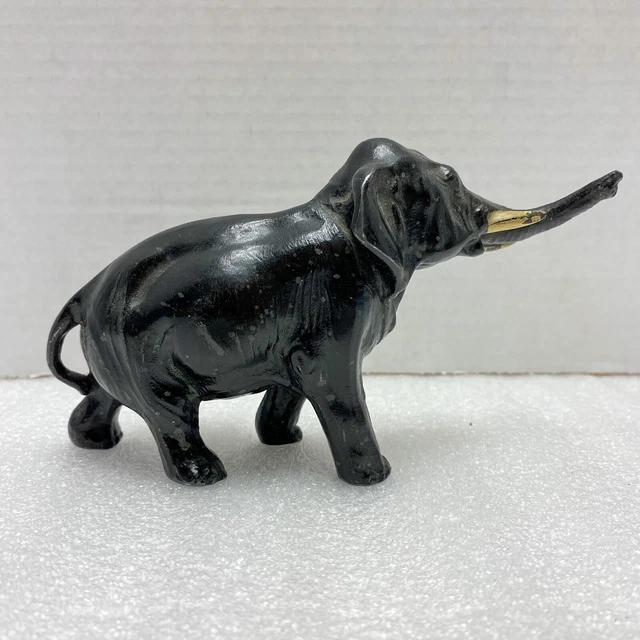 Vintage Cast Iron ELEPHANT Figurine Worn Trunk Up Shelf Sitter Miniature 3.5”