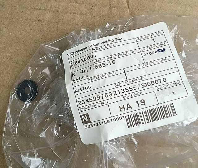 VW Rondelle x1 Livraison - N01166516 Véritable Neuf VW OEM Pièce
