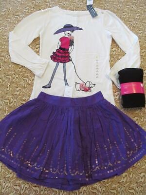 NWT 6-7 S Gap Kids Girl Dog Shirt Long Sleeve Sequin Skirt Ribbed FootlessTights