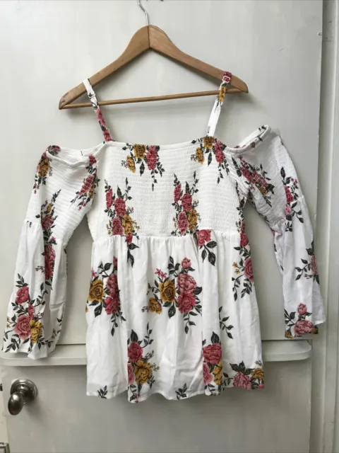 Torrid Women’s Smocked Cold Shoulder Blouse White Pink Yellow Floral Size 1