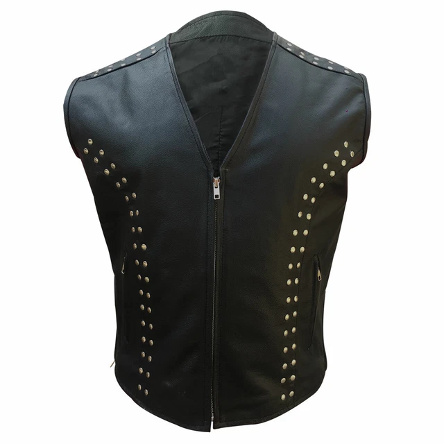 Uomo Motociclista Stile Gilet Vero pelle di Mucca Gilet Nero