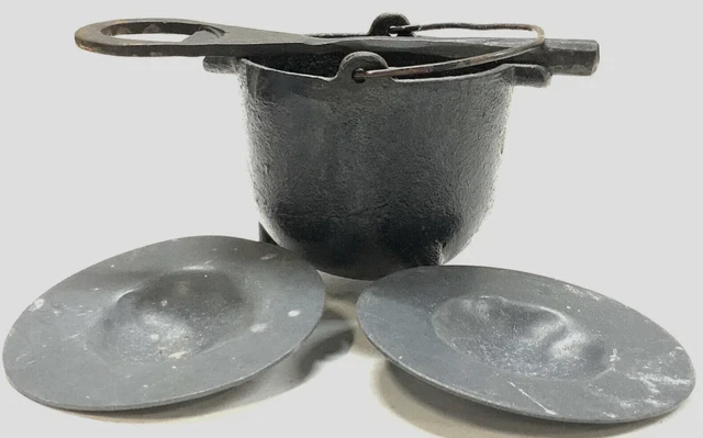 Antique Heavy Cast Iron Apothecary's Mortar & Pestle, and Pewter Mixing Plates.