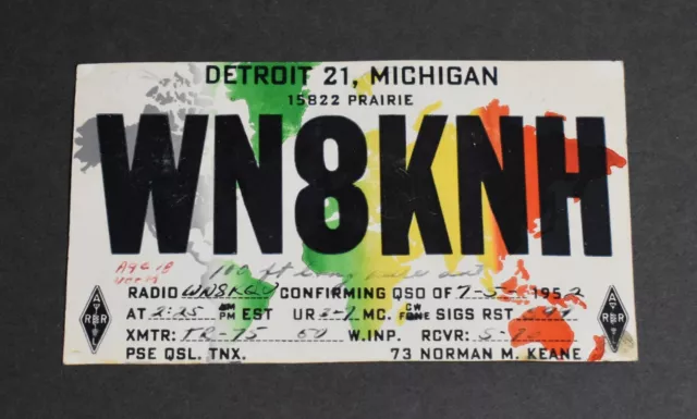 WN8KNH 1952 CB Ham Radio Short Wave QSL Card Detroit Michigan Art 15822 Prairie