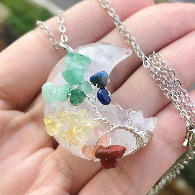 Rock Quartz Gem Stone Tree Of Life Moon Necklace Chakra Reiki Healing Amulet