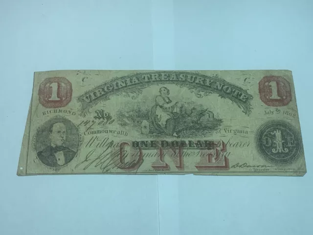 1862 $1 One Dollar Virginia Treasury Note-Nice Circulated Note-Ships Free!