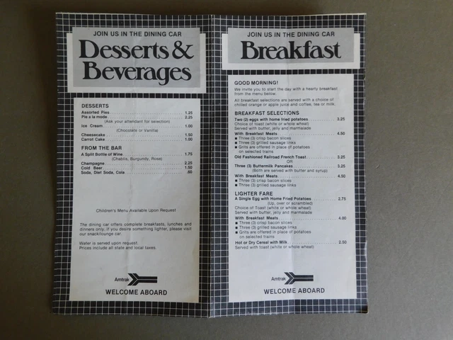 Amtrak  : Paper menu  from dining car