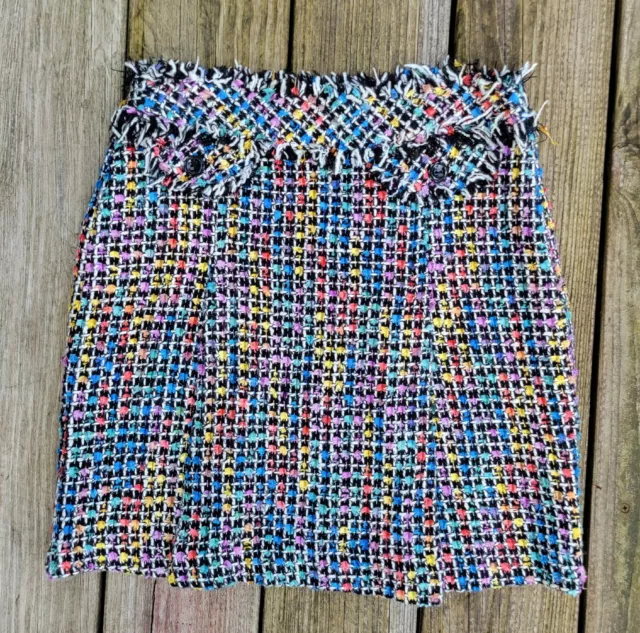 Trina Turk mini pencil skirt rainbow tweed boucle fringe workwear XS 2