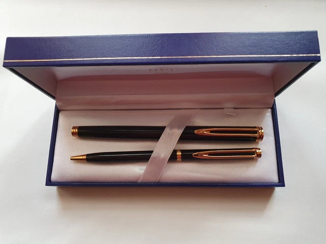 Parure Waterman Gentleman Neuf - Stylo Plume Or 18k + Stylo Bille + Roller - Noir Avec écrin