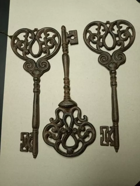 Large Jailer's Skeleton Key Cast Iron Victorian  Style Deco lot of 3-13 inch