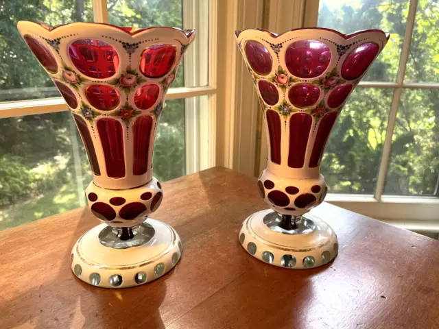 Pair Vintage Czech Bohemian  Enameled Floral White Cased Cut to Cranberry Vases