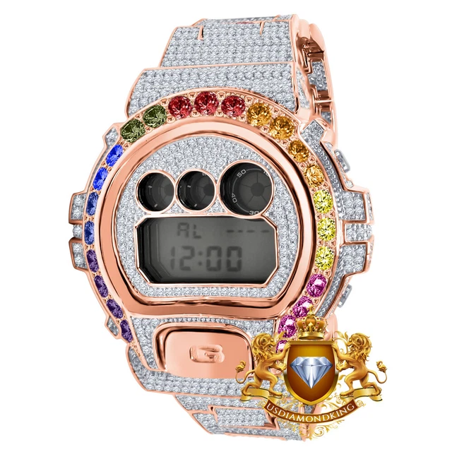 Solitaire Rainbow Multi Rose Gold Tone G Shock Casio DW-6900 Mens Custom Watch