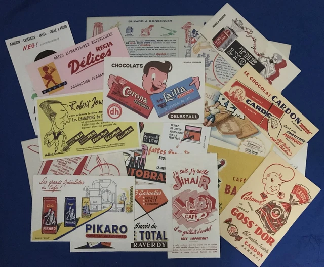 Lot de 18 Buvards anciens publicitaires de collection Vintage.
