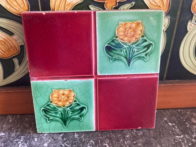 Stunning Antique Yellow Flower Red & Green Majolica Pottery Glazed Tile