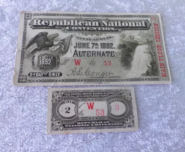 Republican National Convention 1892 ticket 2nd day + coupon Minneapolis Harrison