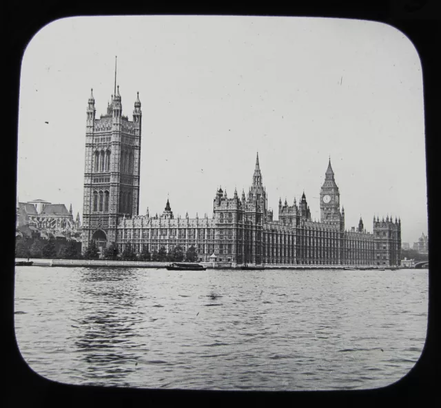 Glass Magic Lantern Slide . HOUSES OF PARLIAMENT FROM RIVER THAMES LONDON C1900