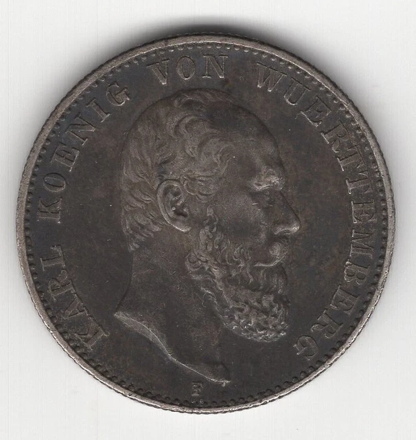 Higher Grade 1876 F  Germany Karl I Wurttemberg  Silver 2 Mark