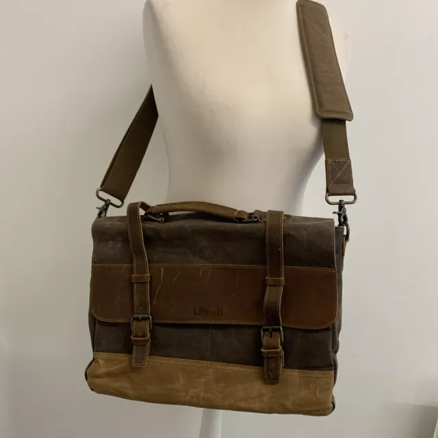 Vintage LIFEWIT Men’s Large Leather& Waxed Canvas Message Shoulders Satchel Bag