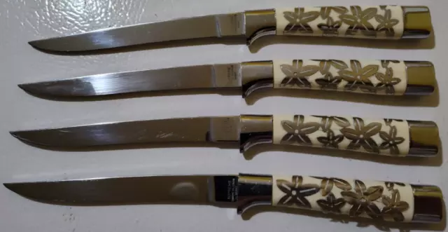 Vintage MCM Carvel Hall Steak Knives by Briddell Floral Silver Overlay Set of 4