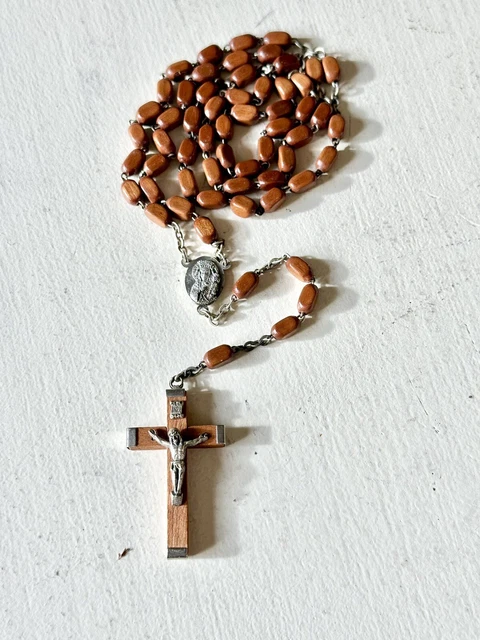 Vtg Lrg Brown Wood Beads Nun's Rosary Mary Medal Crucifix Italy 🇮🇹..
