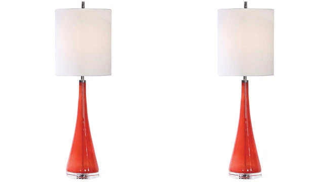Pair Ariel Xxl 36" Tapered Coral Glass Accent Buffet Table Lamp Uttermost 29739