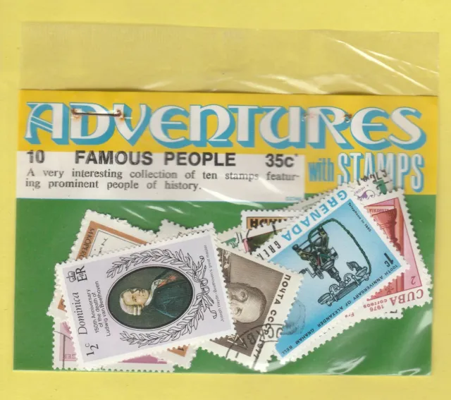 10 Famous People Vintage Retail Stamp Packet Adventures with Stamps Pack