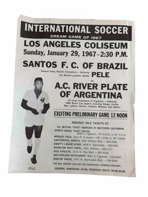 Pele Poster 1967 Los Angeles Coliseum Santos FC V A.C River Plate 11x 8.5 Inch