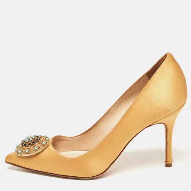 Manolo Blahnik Mustard Yellow Satin Embellished Brooch Pumps Size 36